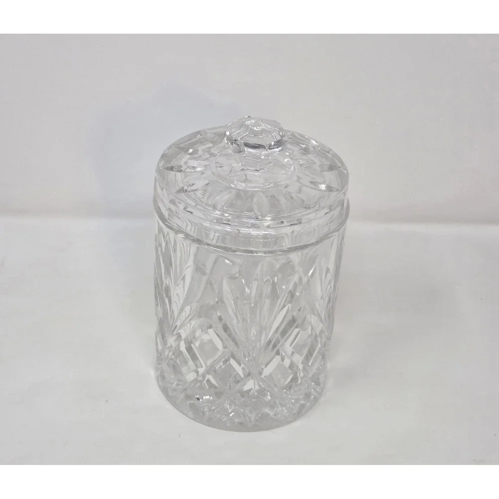 Cut Lead Crystal Biscuit Jar Lidded Diamond Fan Pattern Faceted Knob Candy Dish